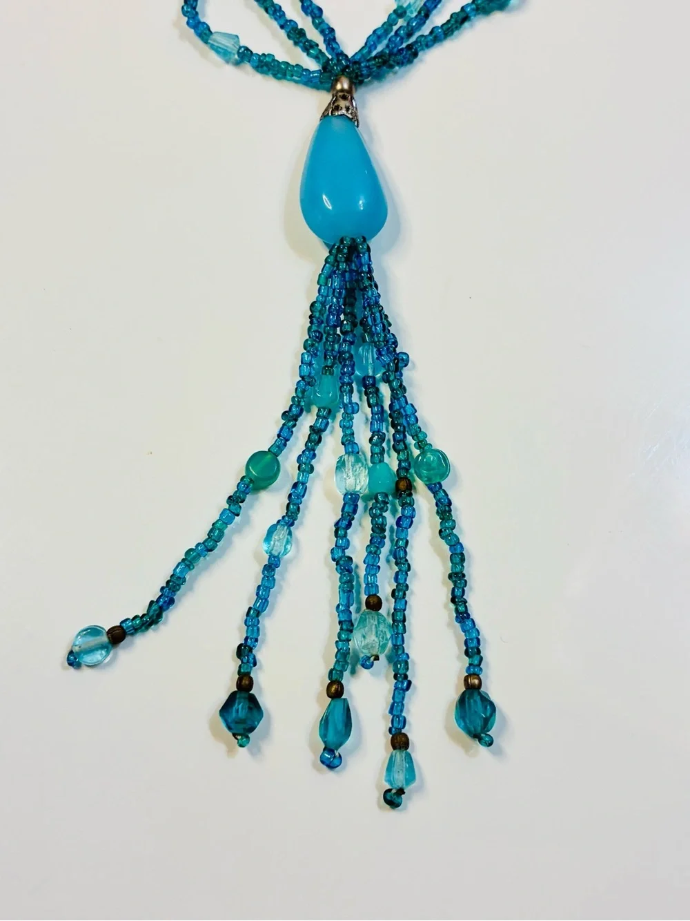 Aqua Blue Multi-Strand Tassel Necklace with Teardrop Pendant - Women Jewelry